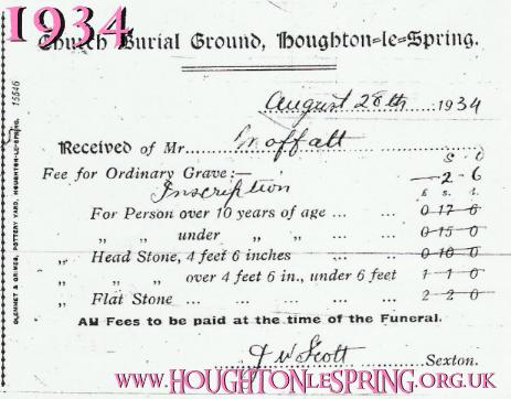 Receipt for an interment at Houghton Hillside Cemetery, Sunderland Street, Houghton le Spring