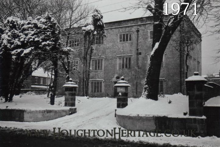 A picturesque view of Houghton Hall covered in snow, 1971