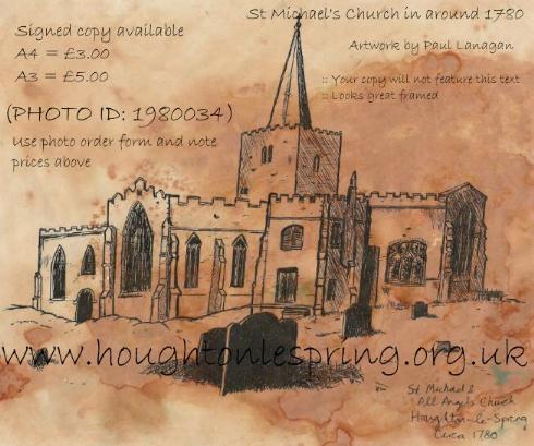 St Michael & All Angels Church, Houghton le Spring, in around 1780.  Drawing by Paul Lanagan.