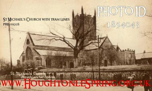 An early view of St Michael & All Angels Church with the trams lines of Sunderland District Tramways in the foreground