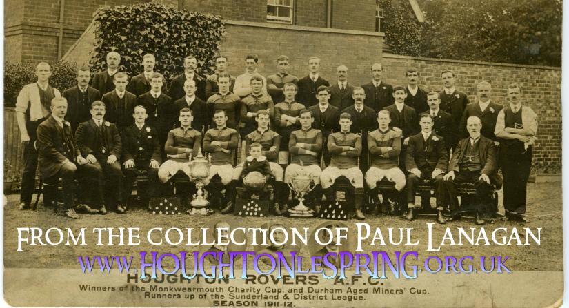 Players and trainers of the Houghton Rovers Association Football Club during the 1911/1912 season.  The only identified player is Jack Heath, the goal keeper, dressed in white in the back row.  He moved to Portsmouth Football Club in 1914 but left after injury and went on to become a well known cricketer. 