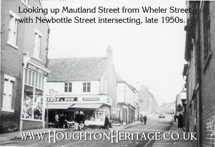 Looking up Mautland Street from Wheler Street with Newbottle Street intersecting, late 1950s.