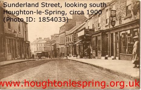 Looking down Sunderland Street, Houghton-le-Spring, c1900.  The three storied building was a bank and is now the Old Bank bistro