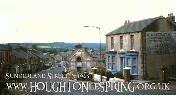 Looking south down Sunderland Street, Houghton-le-Spring, in 1965. The business on the right is Wheatley's sweet factory, the Hawdonside Works
