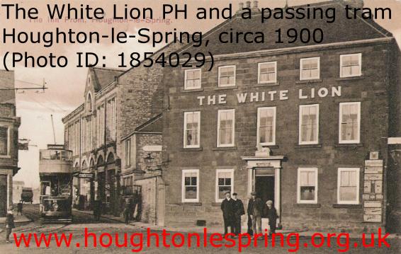A tram trundles past the White Lion Public House, Houghton-le-Spring