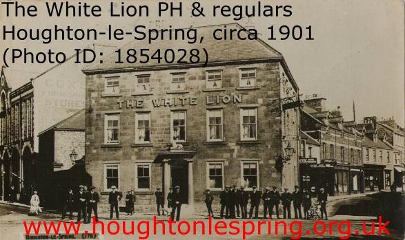 Locals posing in front of the White Lion Public House, Houghton-le-Spring, circa 1901.
